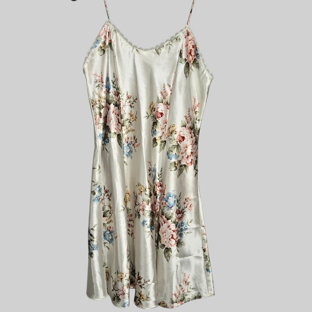 Vtg Kathryn Floral Satin Slip Dress L Cami Lingerie Shabby Chic Rose Cottage